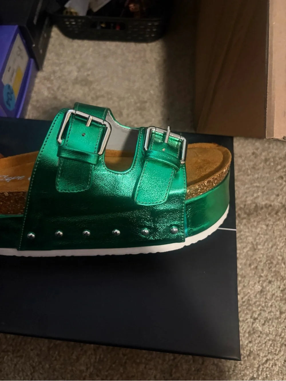 Metallic Green Slide Sandals with Buckles